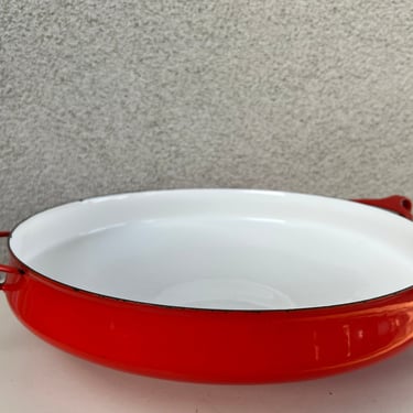 Vintage red white enamel metal large Dansk pan for casserole or paella size 13.5” x 3” 