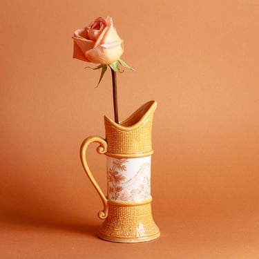 70s Vintage Landscape Print Yellow Orange Flower Pitcher Vase with Handle 