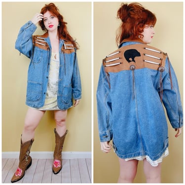 1990s Vintage Sun Belt Denim Relaxed Fit Western Suede Coat / 90s Bear Beaded Applique Concho Jean Jacket / Size Medium - XL 