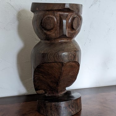 Vintage Heavy Solid Black Wood Carved MCM Owl Statue 20lbs 