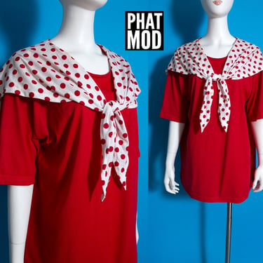 Cute Vintage 80s 90s Red & White Polka Dot Sailor Collar Oversized T-Shirt 