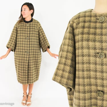 1960s Gold & Olive Green Plaid Coat | 60s Olive Plaid Wool Coat | Leon Cutler NY | X Large 