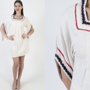 Cream Jute Cotton Dress, Angel Kimono Sleeves, Vintage 70s Sundress, Prairie Gypsy Mini 