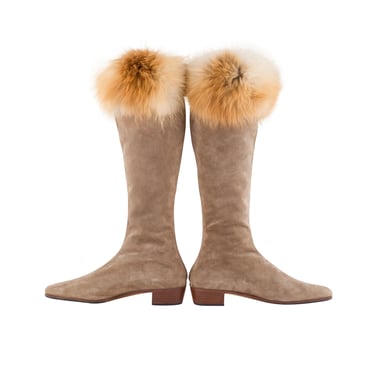 Gucci 1960s/1970s Vintage Fox Fur Trim Beige Suede Knee-High Boots Sz 7.5 