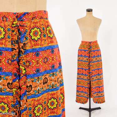 1970s Orange Print Maxi Skirt | 70s Orange Flower Maxi | Medium 