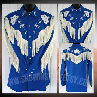 H Bar C, California Ranchwear, Vintage Western Taos Men's Cowboy Shirt, Fringe & Rhinestones, Size 16.5, Approx. Large (see meas. photo) 