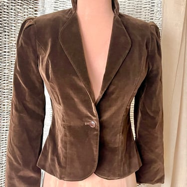 Brown Velvet Blazer, Puff Sleeves, Tapered Fit Jacket, Vintage 70s 