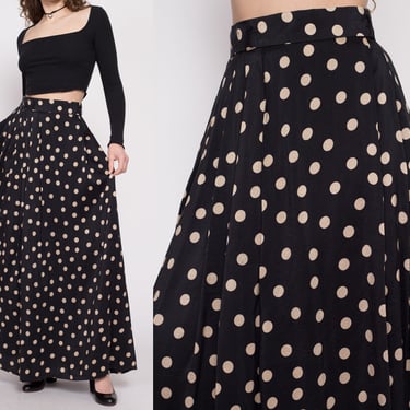 70s 80s Black Silk Polka Dot Maxi Skirt - Small to Medium, 27.5" | Vintage High Waisted A Line Pleated Long Skirt 