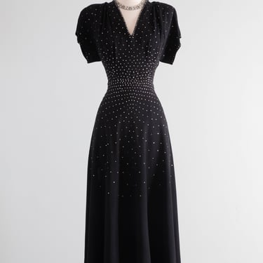 Fabulous 1940's Stardust Cocktail Dress Studded Rhinestones on Black Rayon Crepe / Medium