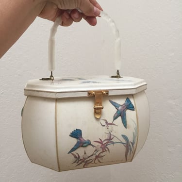 Hummingbird Moments - Vintage 1960s White & Colourful Hummingbird Wooden Decoupage Box Handbag - Rare 