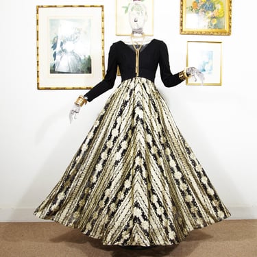 Vintage 1980s Black & Gold Brocade Evening Gown Dress Dramatic Full Skirt Long Sleeves Lurex Size S UK 8 
