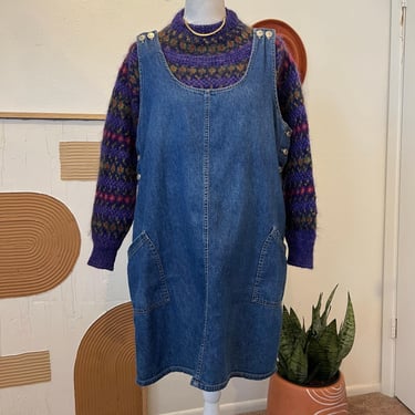 Vintage 90s Cherokee Blue Cotton Denim Utility Chore Overall Dress Size XL 