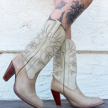 70s white Frye cowboy boots with red and green stitching 