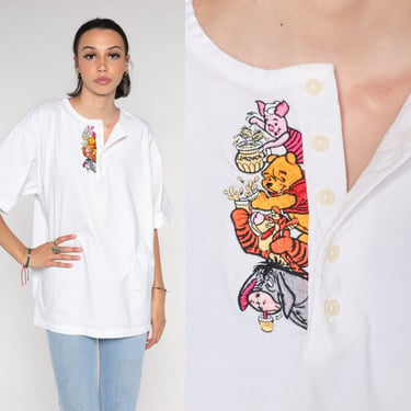 Winnie The Pooh Shirt Y2k Disney Store T-shirt Embroidered Eeyore Piglet Tigger Henley TShirt Cartoon Cute White Vintage 00s Large xl 