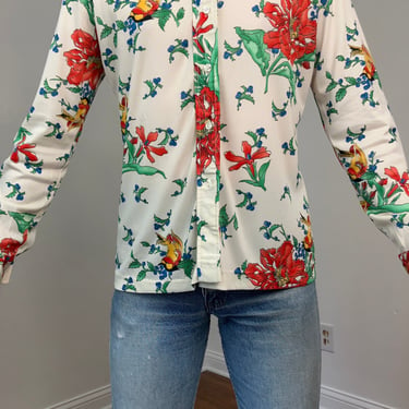 70s Floral and songbird print disco shirt 