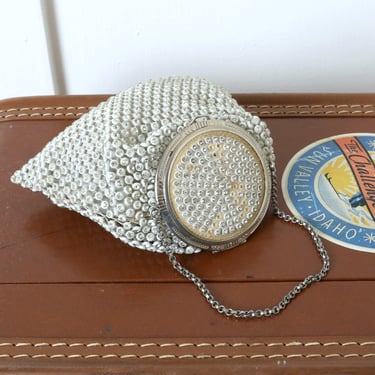 vintage 1920s 30s Art Deco compact purse • rare style white mesh & rhinestone Evans dance purse wristlet 