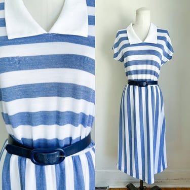 Vintage 1980s Blue & White Striped Dress / M 