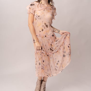 1930’s Sheer Pink Floral Drop Waist Dress