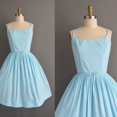 vintage 1950s dress | Adorable Blue Cotton Summer Full Skirt Sun Dress | Medium | 50s dress 