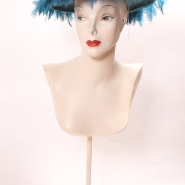 1960s Turquoise Blue Feather Saucer Mod Wide Brim Hat by Marche 