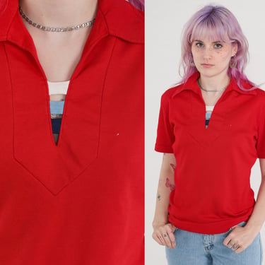 Red T Shirt 70s Collared Shirt Dagger Collar V Neck Vintage Plain T Shirt 1970s Boho Hippie Tee Tshirt 1970s Short Sleeve Medium 