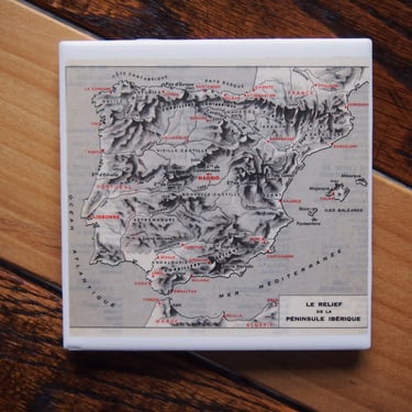 1959 Iberian Peninsula Relief Map Coaster. Spain Vintage Map. Spain Gift. Portugal Map. Lisbon Gift. Madrid Map. Pyrenees. Coastal Spain. 