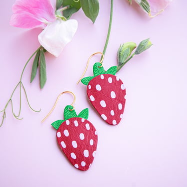 Red Strawberry Earrings w/ Green Tops - Hand Painted on Reclaimed Leather 