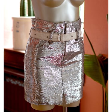 Retro Indie Sleaze Sequin Skirt - Zoey W. Made in L.A. - Paper Bag Skirt - Silver, Glitter - Ethical, Slow Fashion - 2000s Y2K 