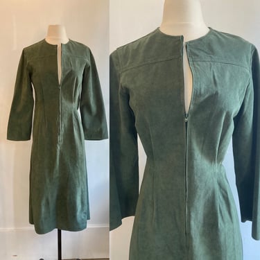 Vintge 70s Boho ZIP FRONT ULTRASUEDE Caftan Dress / Forest Green / Joan Lesle 