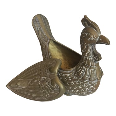 Vintage Brass Lidded Betel Nut Box | Phoenix Bird Shaped Figurine Box | Chinese Character Marked | Feng Shui Rooster Container 