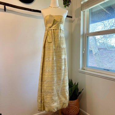 Vintage 1960s Handmade Golden Yellow Strapless Ribbon Bow Dress Size XS 