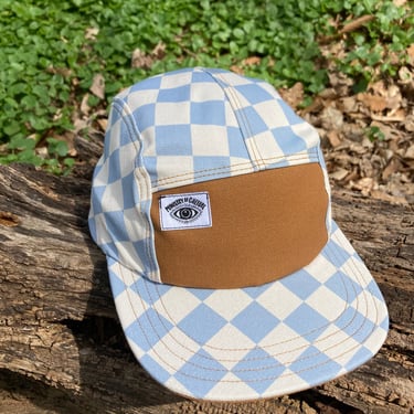 Handmade 5 Panel Camp Hat, Baby Blue and Natural Plaid Check Baseball Cap, moldable brim and snapback hat, gift for them, sun hat 