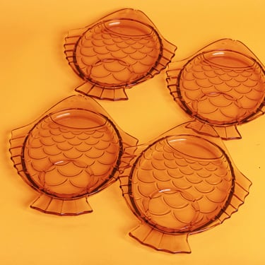 Set of 4 80s Amber Fish Clear Glass Plates Vintage Novelty Matching Small Plates 