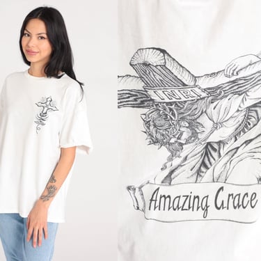 Vintage Jesus Shirt 90s Amazing Grace Tshirt Christian Cross T Shirt Distressed 1990s Graphic White Rose Floral INRI Large xl 