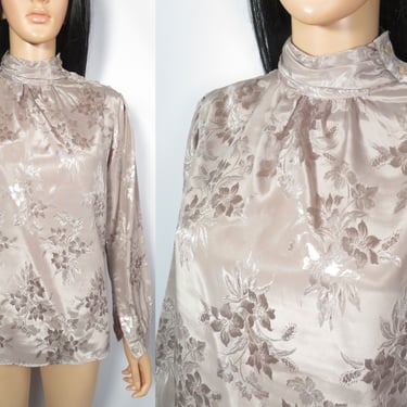 Vintage 80s Taupe Lightweight Floral Secretary Blouse Made In USA Size M/L 