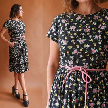 Vintage 50s Swirl Wrap Dress/ 1950s Black Floral Cotton Dress/ Size Small Medium 