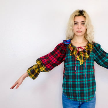 Guess USA Plaid Flannel Blouse // vintage boho dress holiday 1980's 80's poet sleeve sleeves 80s 1980s // S Small 