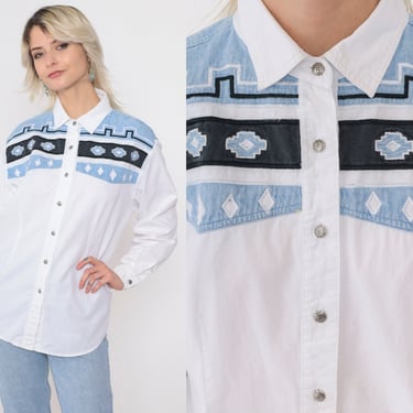 90s Southwestern Shirt White Button Up Collared Western Blouse Retro Geometric Print Southwest Long Sleeve Vintage 1990s Cotton Large L 