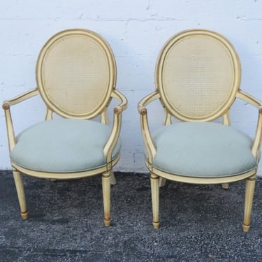 French Shabby Chic Pained Caned Back Side Fireplace Chairs a Pair 3791