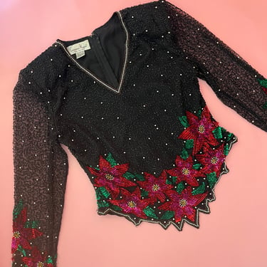 VTG 90s Laurence Kazar Beaded Silk Poinsettia Top 