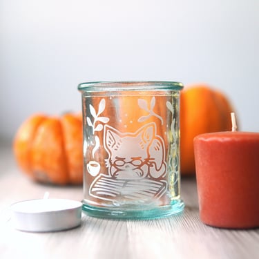 Recycled Glass Cat Cup - Cozy Book eco glass tumbler for drinking or candles 
