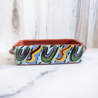Southwestern Glazed Pottery Dish, Vintage Abstract Art Dish With Handles, Artistic FlairPottery 