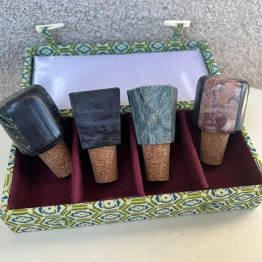 Vintage barware box of 4 cork marble stone stopper tops Made in China 