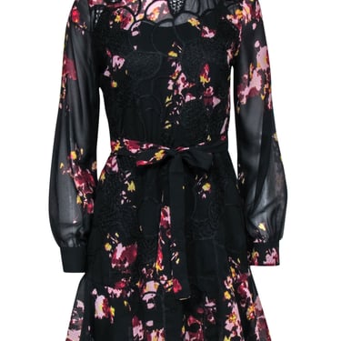 Reiss - Black Floral Print Mini Dress w/ Crochet Embellishment Sz 4