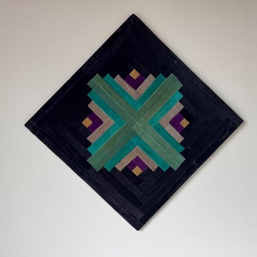 1980’s Vintage Postmodern Geometric Velvet Fabric Wall Art in Teal and Black 