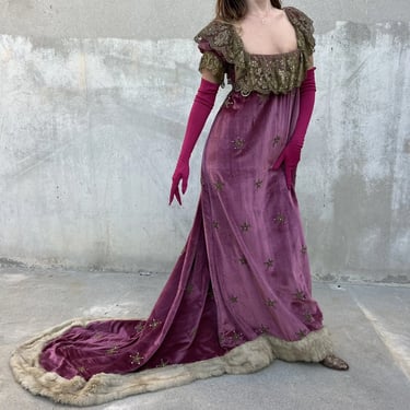 Vintage 1930s Does Regency Pink Velvet Embroidered Star Dress Costume Fur Train