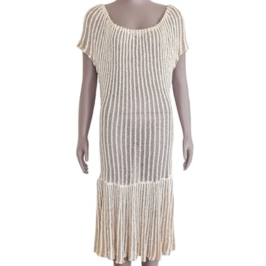 Vintage Striped Knitted Off Shoulder Cottagecore Summer Vacation Midi Dress Small Sheer Art Deco 20s Mermaid Flapper Dress Beach CoverUp 