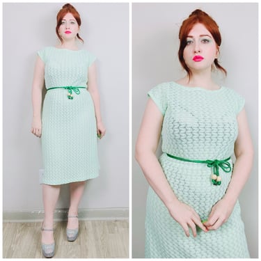 1970s Vintage Lady Blair Mint Green Lace Dress / 70s / Seventies Pastel Sheer Elastic Wiggle Dress / Size XL 