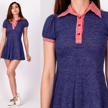 70s Mod Gingham Collared Babydoll Mini Dress - Petite XS | Vintage Short Puff Sleeve A Line Minidress 