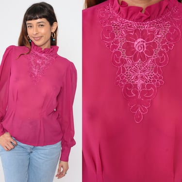 Sheer Victorian Blouse 70s 80s Fuchsia Eyelet Floral Embroidered Chiffon Top Party Long Puff Sleeve Shirt Formal Vintage 1980s Medium 8 